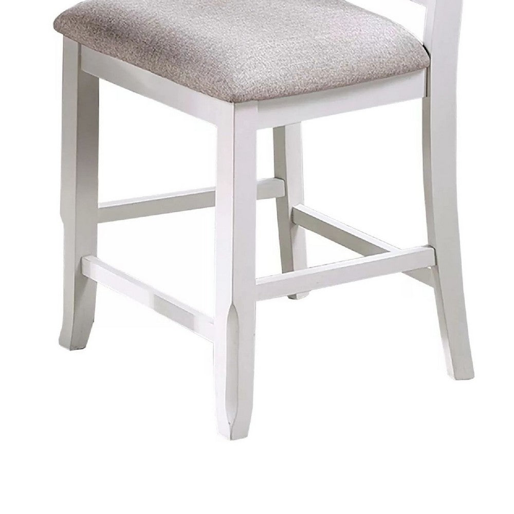 Benjara Keyan Counter Height Chair, Set of 2, Foam Gray Fabric Seat, Antique White Wood