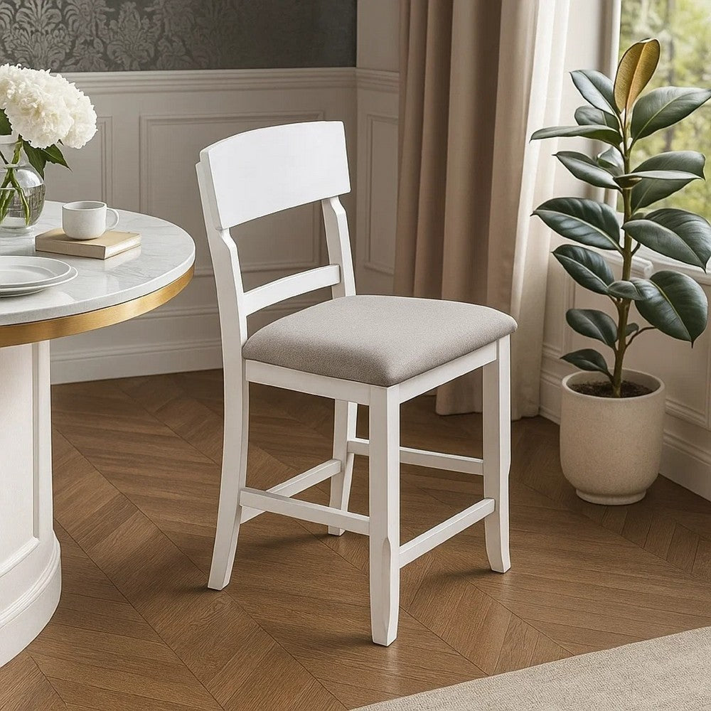 Benjara Keyan Counter Height Chair, Set of 2, Foam Gray Fabric Seat, Antique White Wood