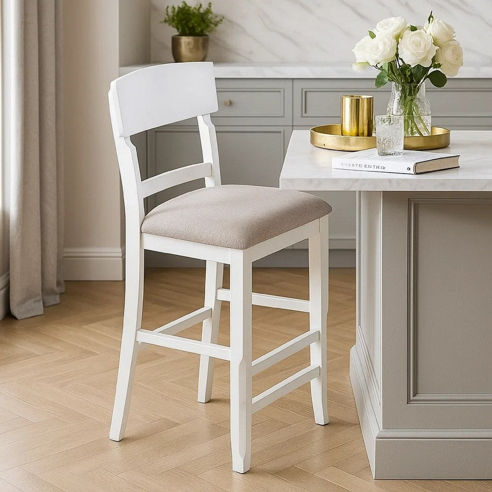 Benjara Keyan Counter Height Chair, Set of 2, Foam Gray Fabric Seat, Antique White Wood