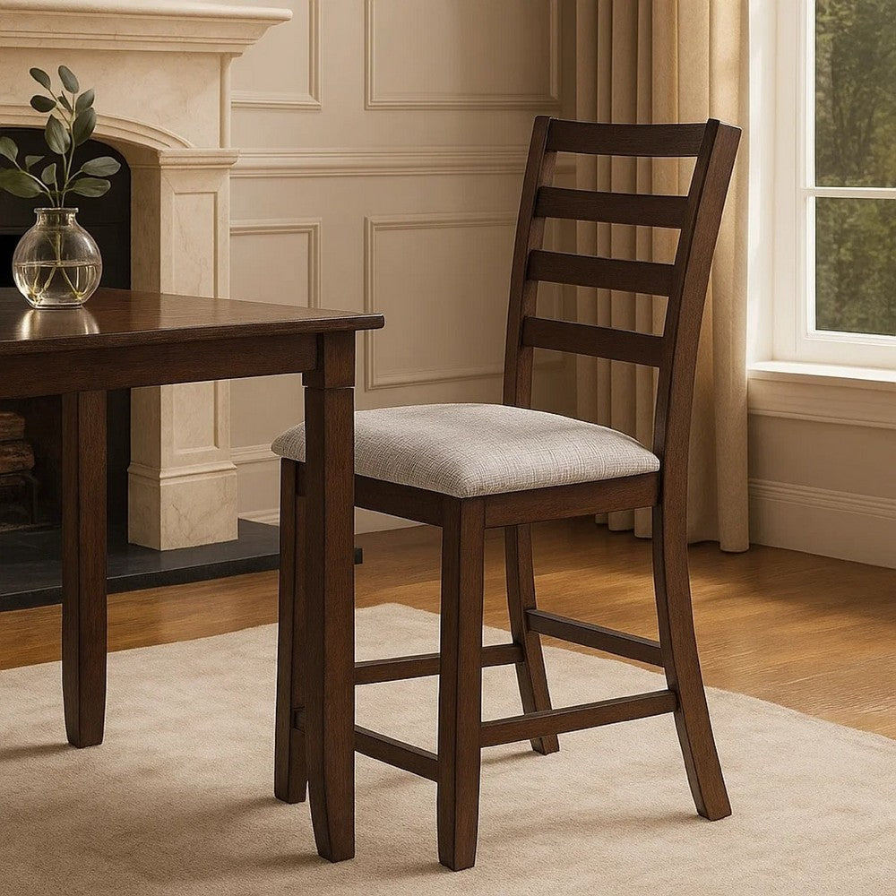 Benjara Rosanna Counter Height Chairs, Set of 2, White Fabric Foam Seat, Walnut Brown Wood