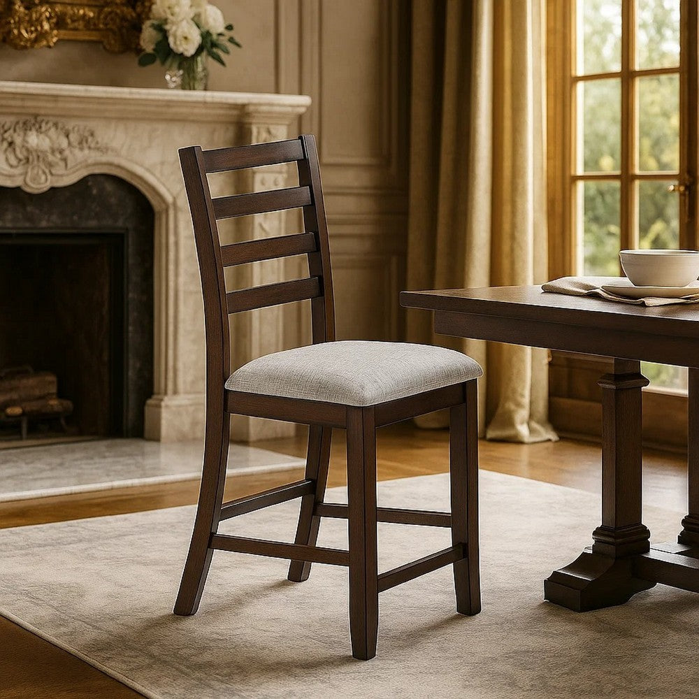 Benjara Rosanna Counter Height Chairs, Set of 2, White Fabric Foam Seat, Walnut Brown Wood