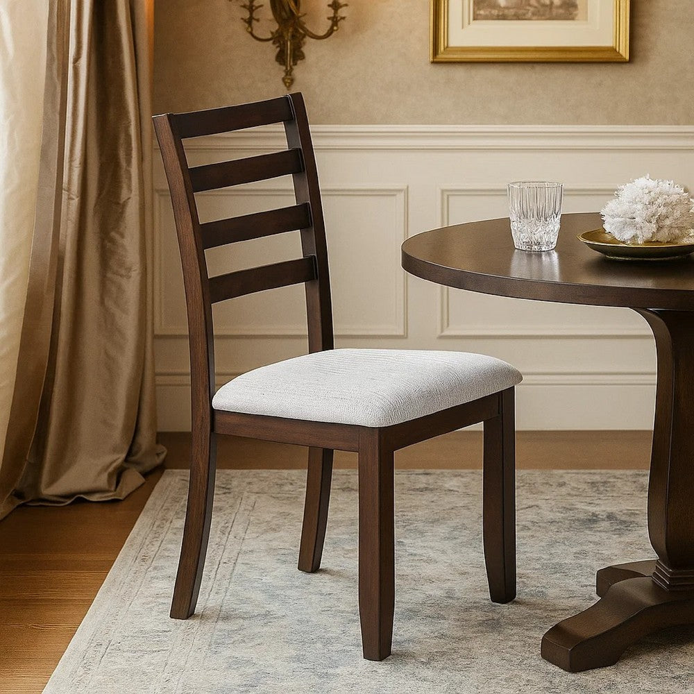 Benjara Rosanna Dining Chair, Set of 2, White Fabric Foam Seat, Walnut Brown Rubberwood