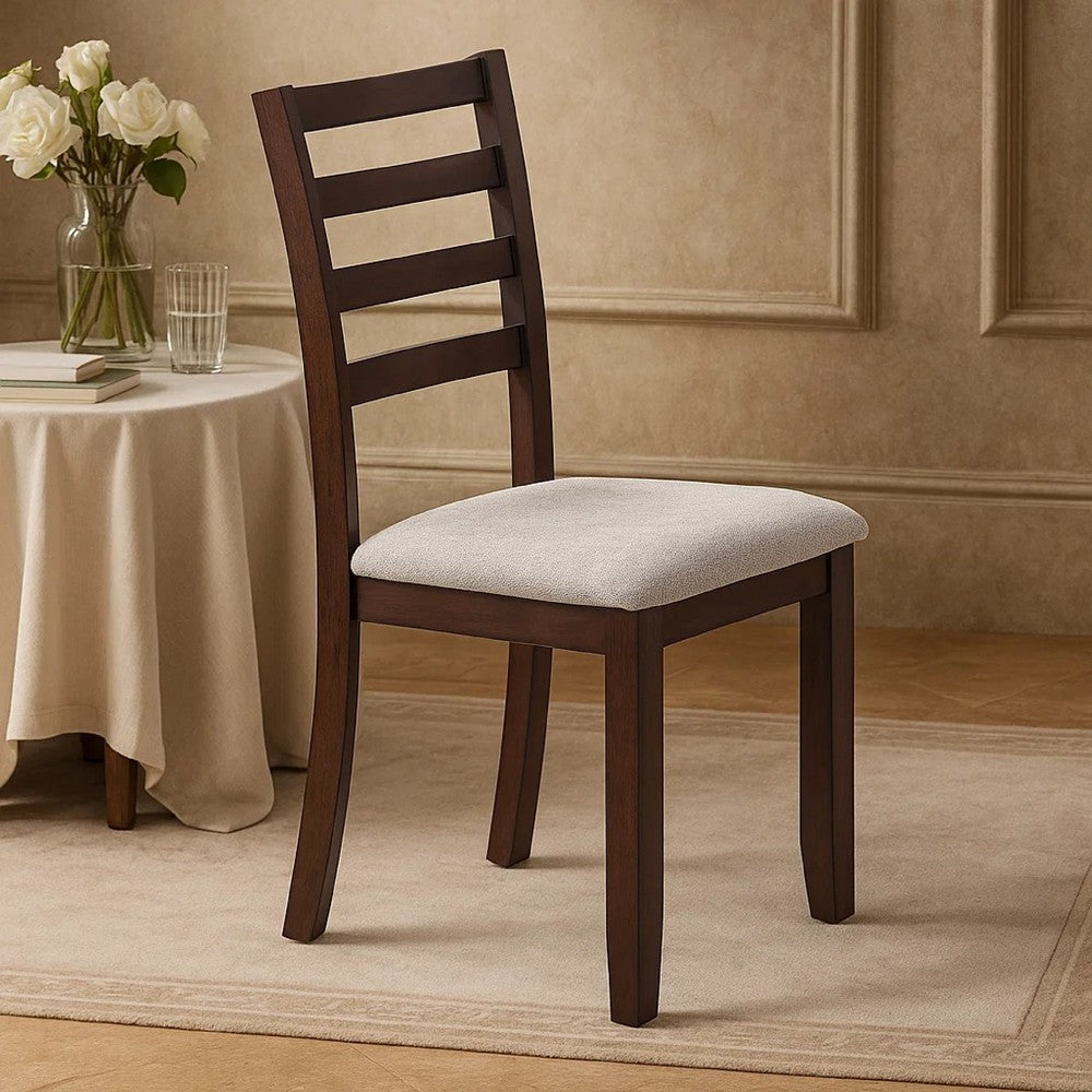 Benjara Rosanna Dining Chair, Set of 2, White Fabric Foam Seat, Walnut Brown Rubberwood