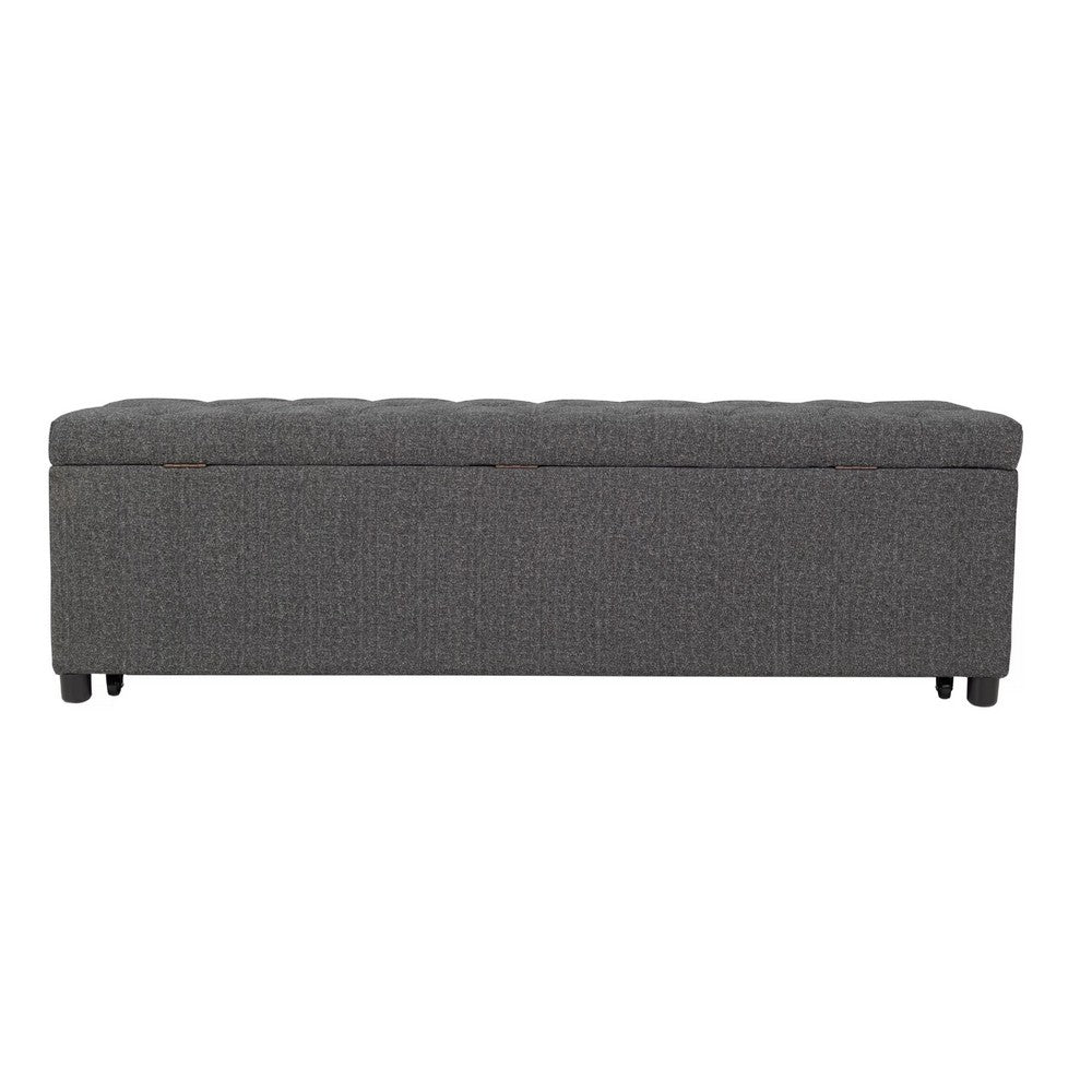 Benjara Kenny Ottoman, Underseat Drawer, Blue-Gray Button Tufted Boucle, 60 Inch