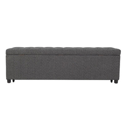 Benjara Kenny Ottoman, Underseat Drawer, Blue-Gray Button Tufted Boucle, 60 Inch