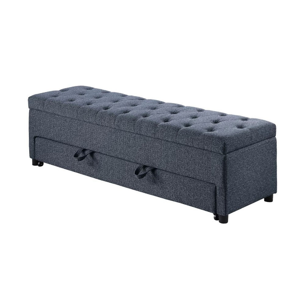 Benjara Kenny Ottoman, Underseat Drawer, Blue-Gray Button Tufted Boucle, 60 Inch