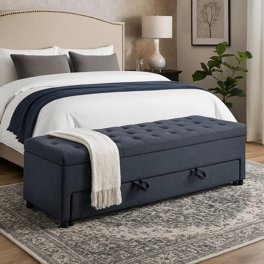 Benjara Kenny Ottoman, Underseat Drawer, Blue-Gray Button Tufted Boucle, 60 Inch
