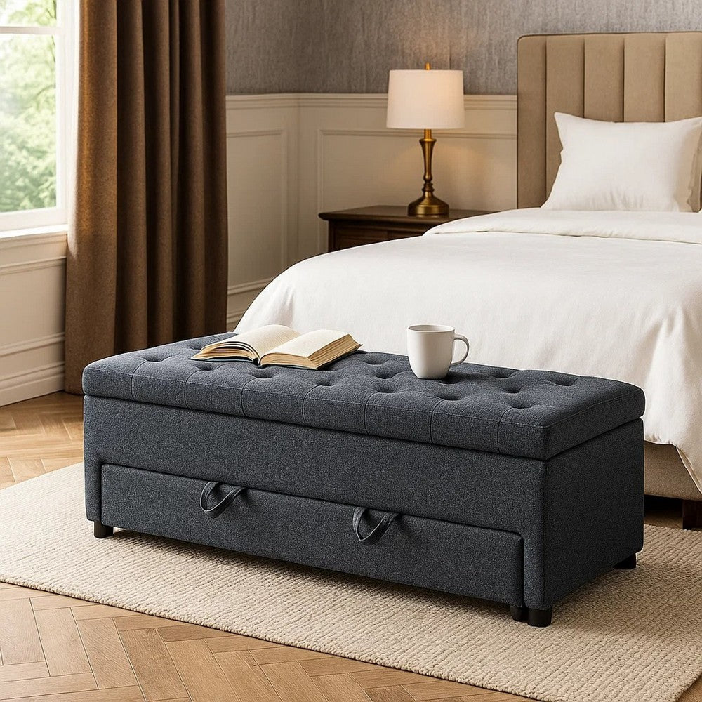 Benjara Kenny Ottoman, Underseat Drawer, Blue-Gray Button Tufted Boucle, 60 Inch
