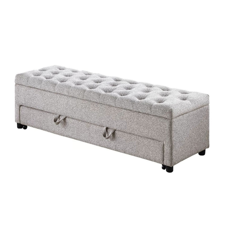 Benjara Kenny Ottoman, Underseat Drawer, Beige Button Tufted Boucle, 60 Inch