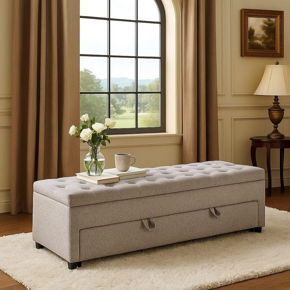 Benjara Kenny Ottoman, Underseat Drawer, Beige Button Tufted Boucle, 60 Inch