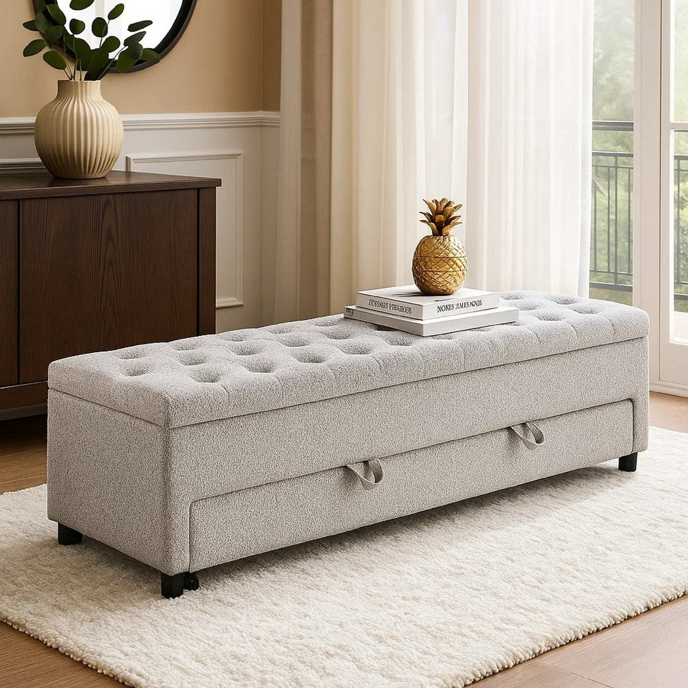 Benjara Kenny Ottoman, Underseat Drawer, Beige Button Tufted Boucle, 60 Inch