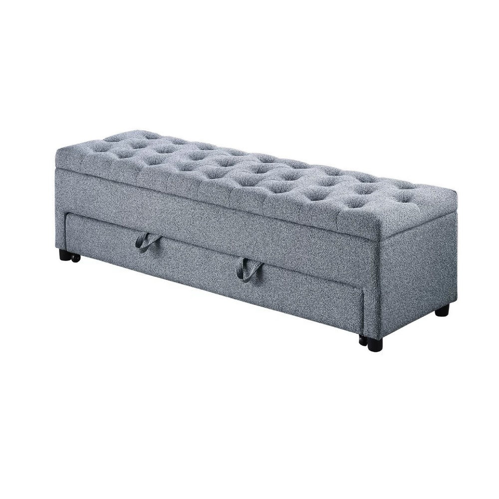 Benjara Kenny Ottoman, Underseat Drawer, Gray Button Tufted Boucle 60 Inch