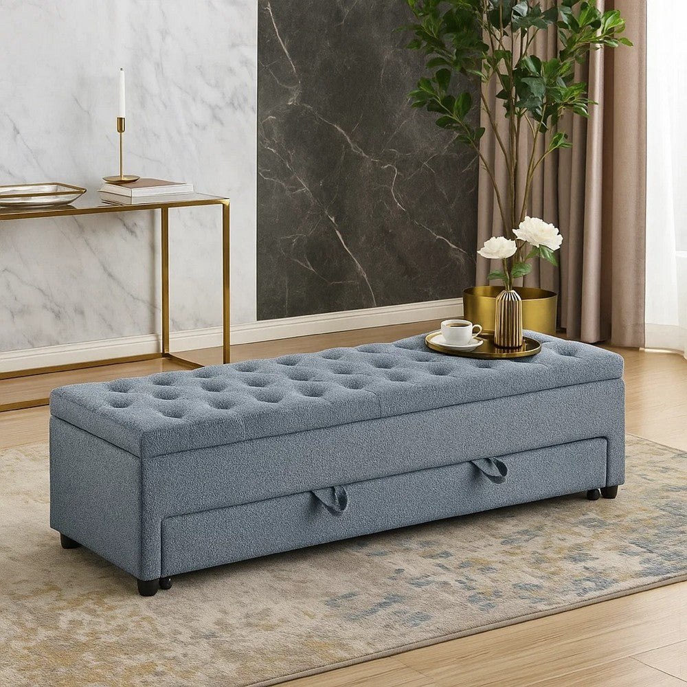 Benjara Kenny Ottoman, Underseat Drawer, Gray Button Tufted Boucle 60 Inch