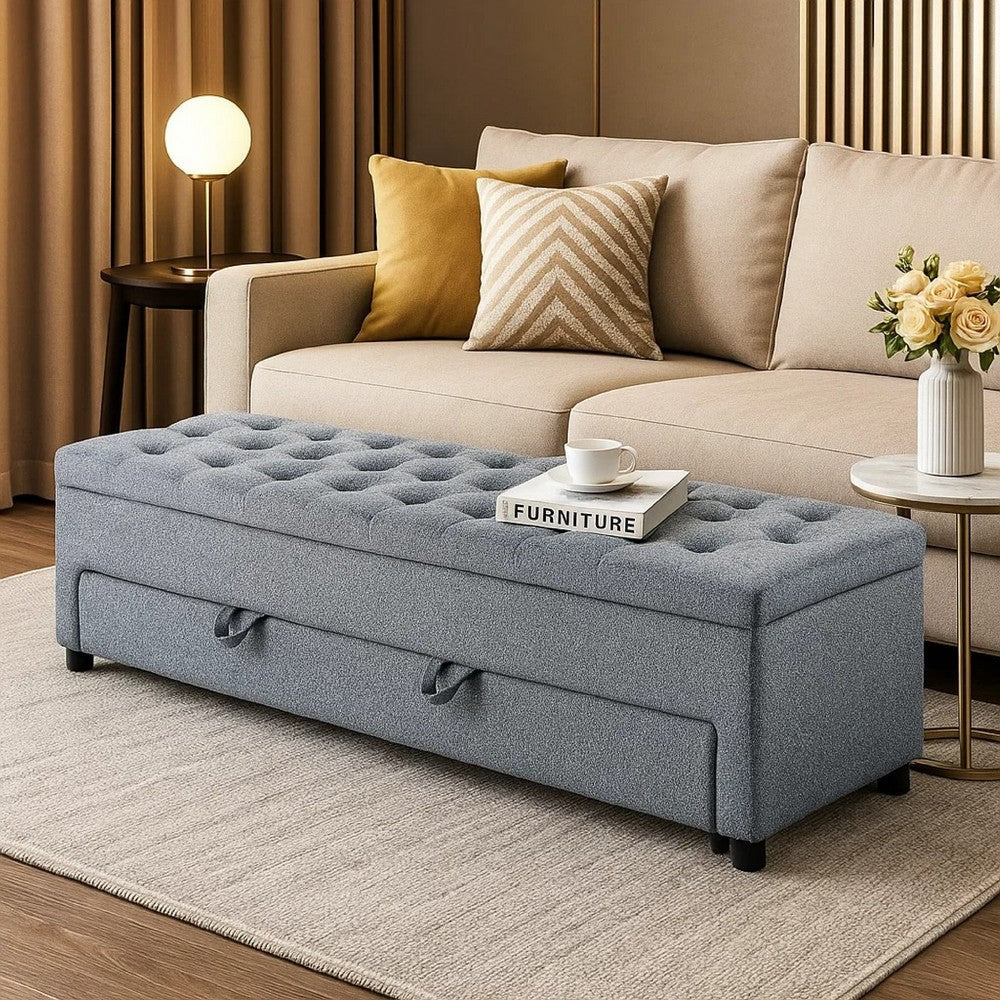 Benjara Kenny Ottoman, Underseat Drawer, Gray Button Tufted Boucle 60 Inch