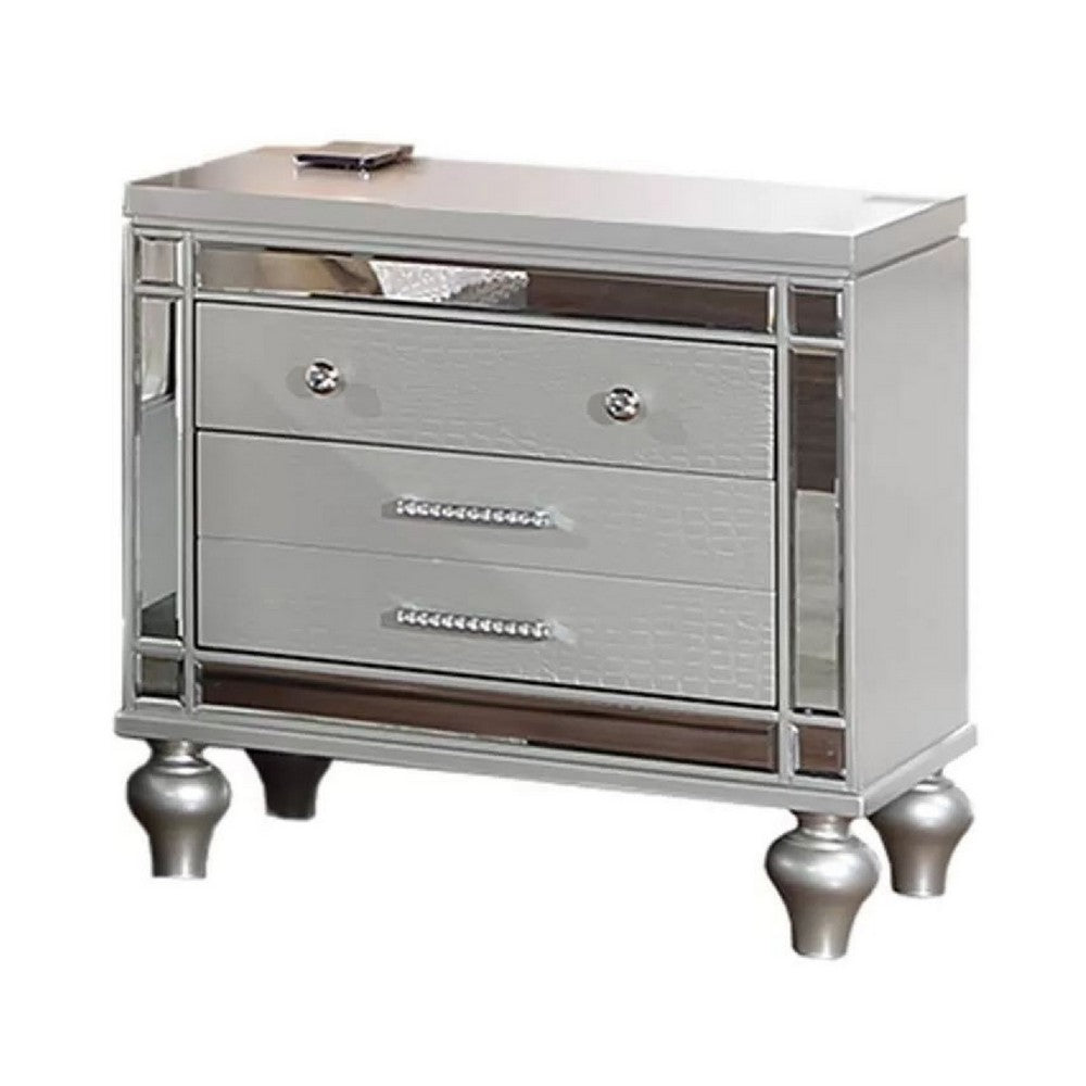 Benjara Bailey Nightstand with 2 Drawers And USB Port, Silver Acacia Wood