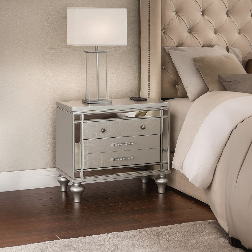 Benjara Bailey Nightstand with 2 Drawers And USB Port, Silver Acacia Wood