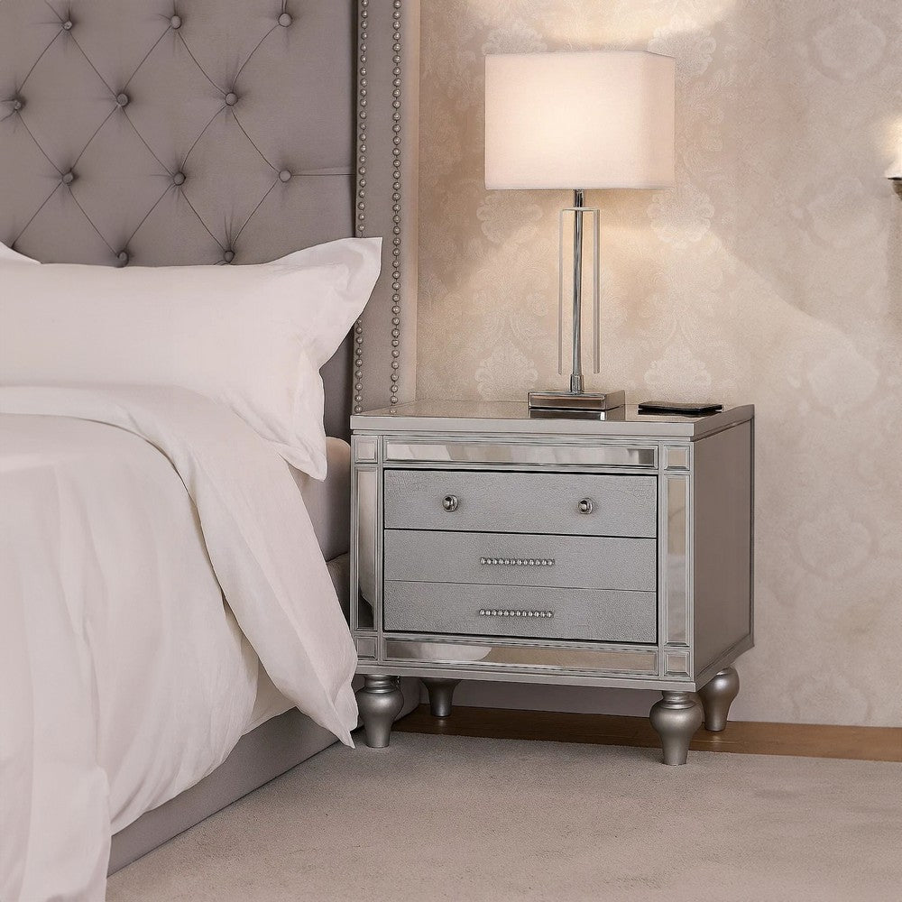 Benjara Bailey Nightstand with 2 Drawers And USB Port, Silver Acacia Wood