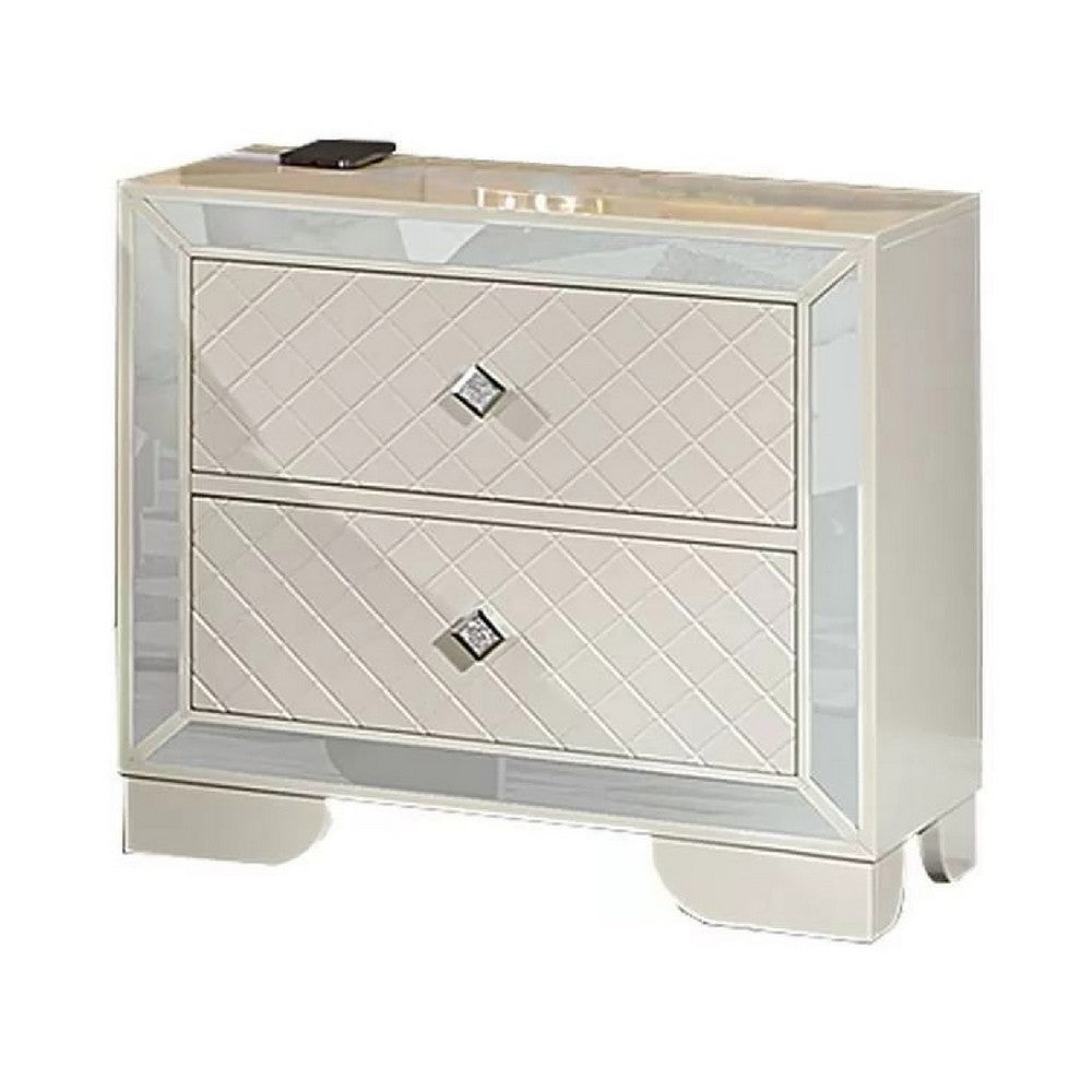 Benjara Athon Nightstand with 2 Drawers, Built-In Charging Port, Ivory Wood