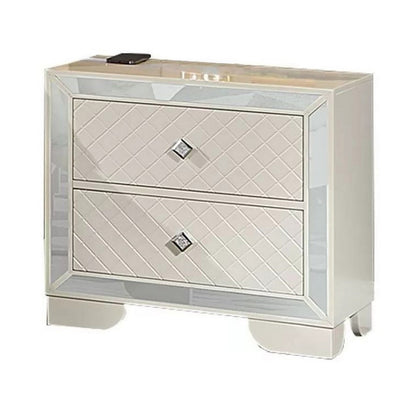 Benjara Athon Nightstand with 2 Drawers, Built-In Charging Port, Ivory Wood