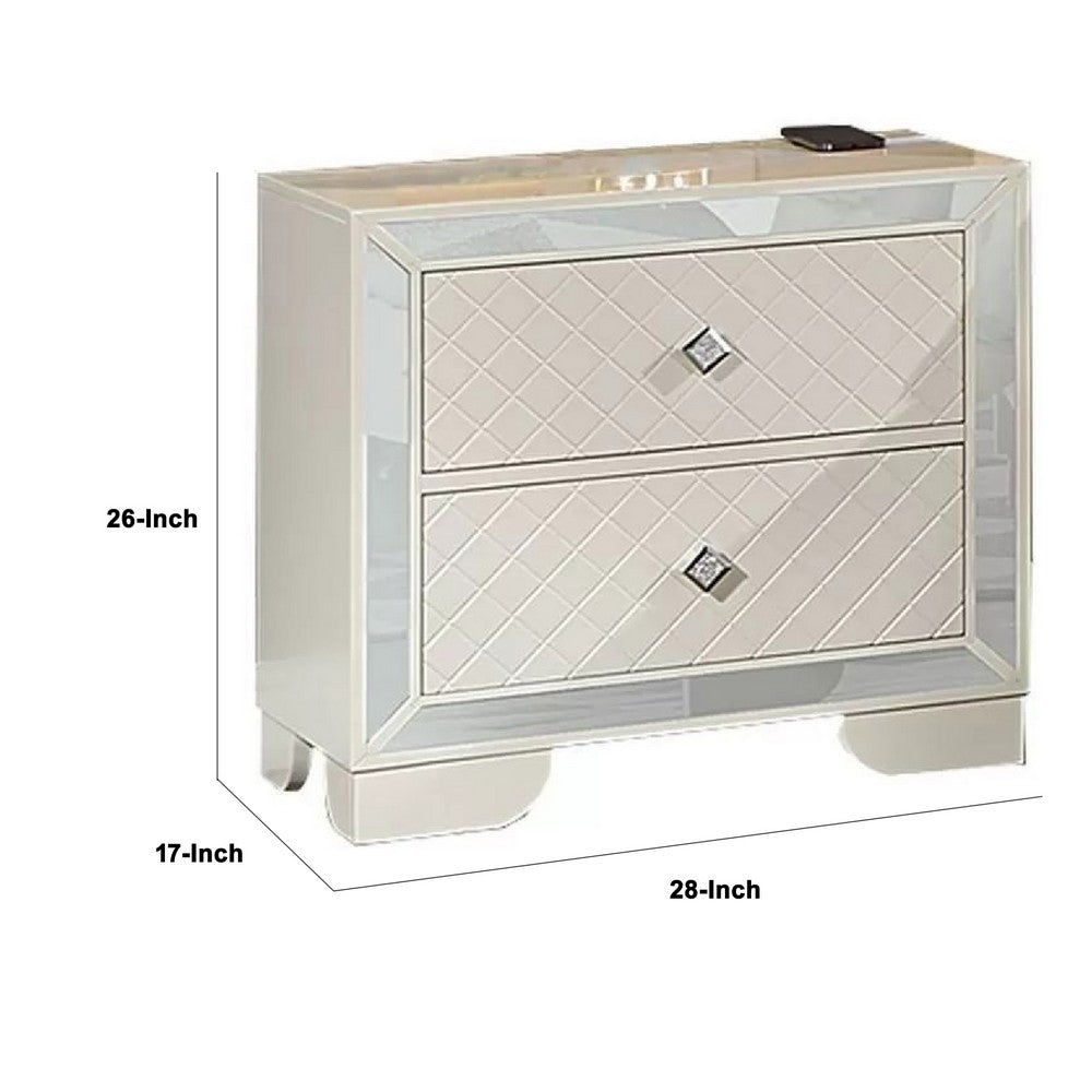 Benjara Athon Nightstand with 2 Drawers, Built-In Charging Port, Ivory Wood