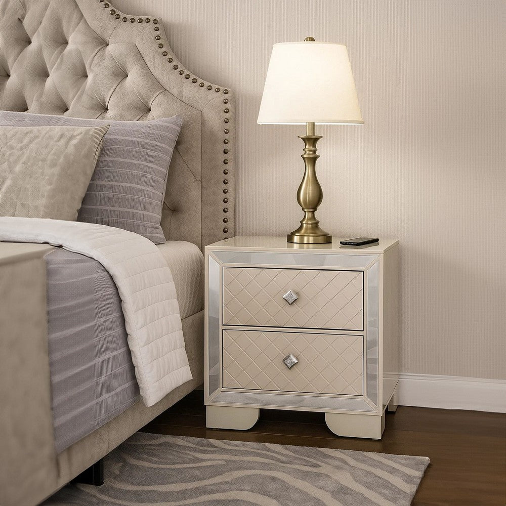 Benjara Athon Nightstand with 2 Drawers, Built-In Charging Port, Ivory Wood