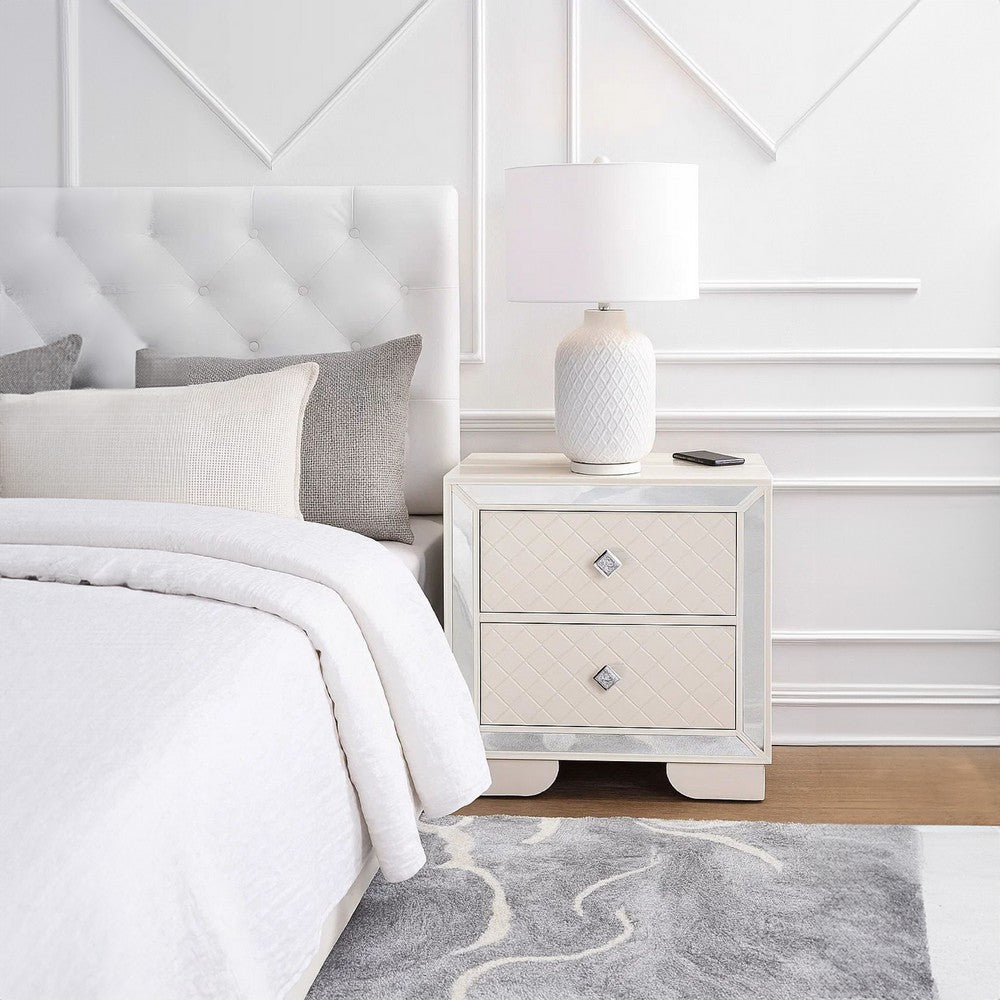 Benjara Athon Nightstand with 2 Drawers, Built-In Charging Port, Ivory Wood