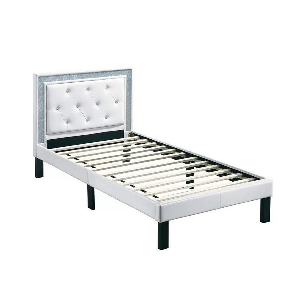 Benjara Mannie Twin Bed with Silver Trim, White Button Tufted Faux-Leather