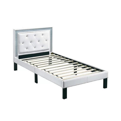 Benjara Mannie Twin Bed with Silver Trim, White Button Tufted Faux-Leather