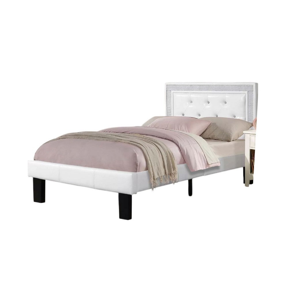 Benjara Mannie Twin Bed with Silver Trim, White Button Tufted Faux-Leather