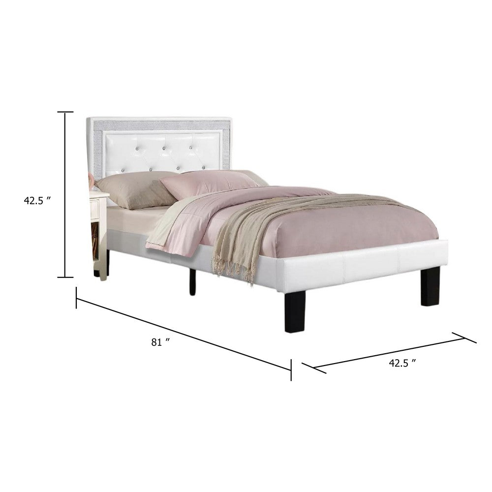 Benjara Mannie Twin Bed with Silver Trim, White Button Tufted Faux-Leather