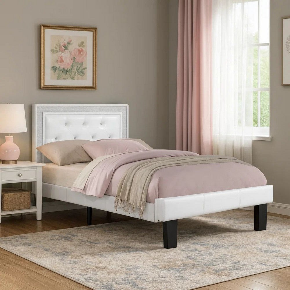 Benjara Mannie Twin Bed with Silver Trim, White Button Tufted Faux-Leather