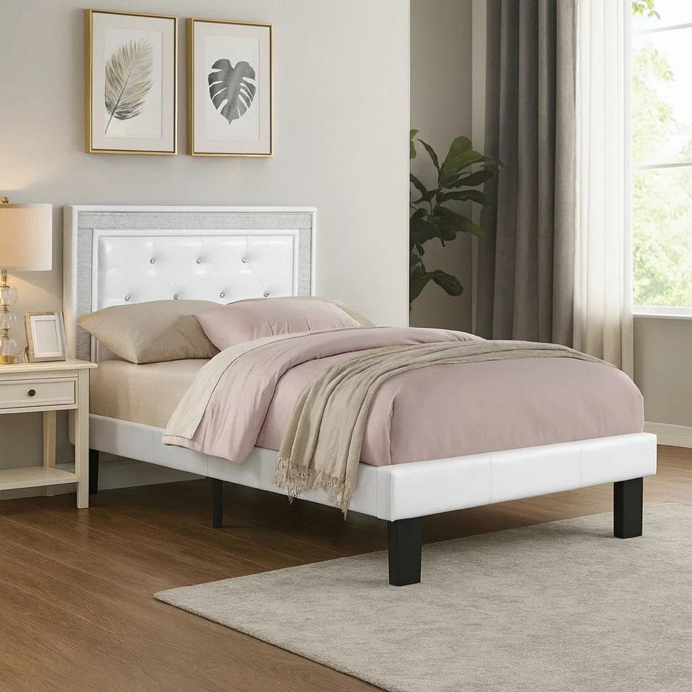 Benjara Mannie Twin Bed with Silver Trim, White Button Tufted Faux-Leather