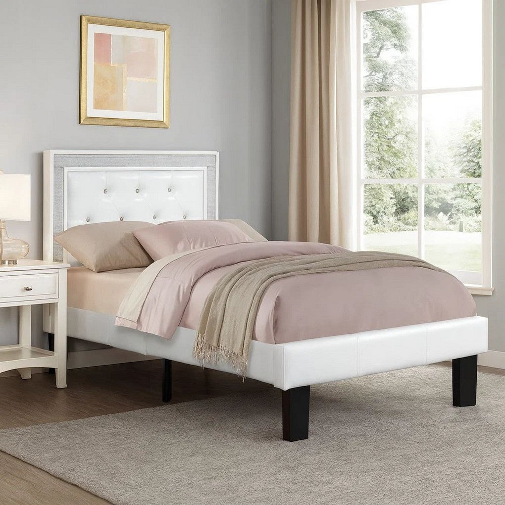 Benjara Mannie Twin Bed with Silver Trim, White Button Tufted Faux-Leather