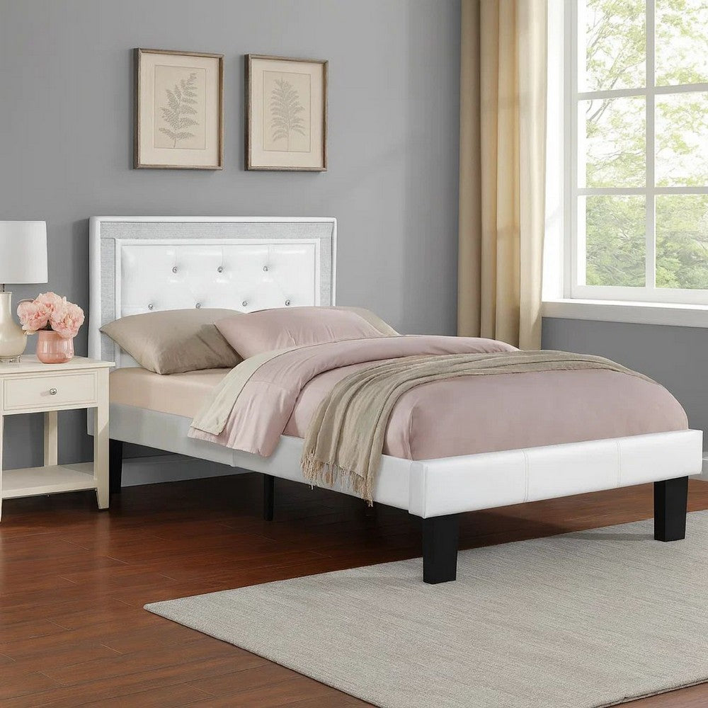 Benjara Mannie Twin Bed with Silver Trim, White Button Tufted Faux-Leather