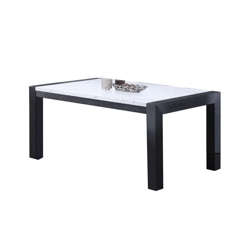 Benjara Shry Dining Table, Angular Design Faux-Marble Top, Gray Wood, 66 Inch