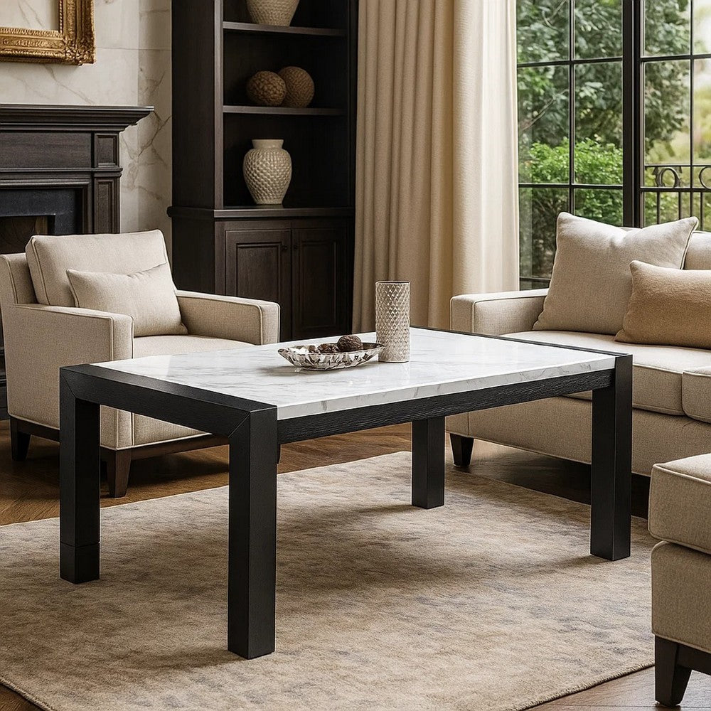 Benjara Shry Dining Table, Angular Design Faux-Marble Top, Gray Wood, 66 Inch