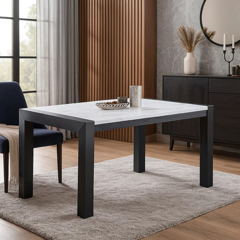 Benjara Shry Dining Table, Angular Design Faux-Marble Top, Gray Wood, 66 Inch