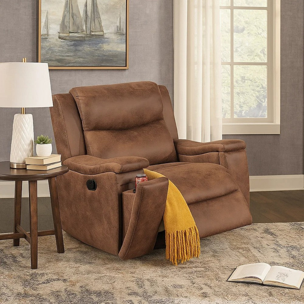 Benjara Verra Manual Recliner Lounge Chair, Walnut Tufted Faux Leather
