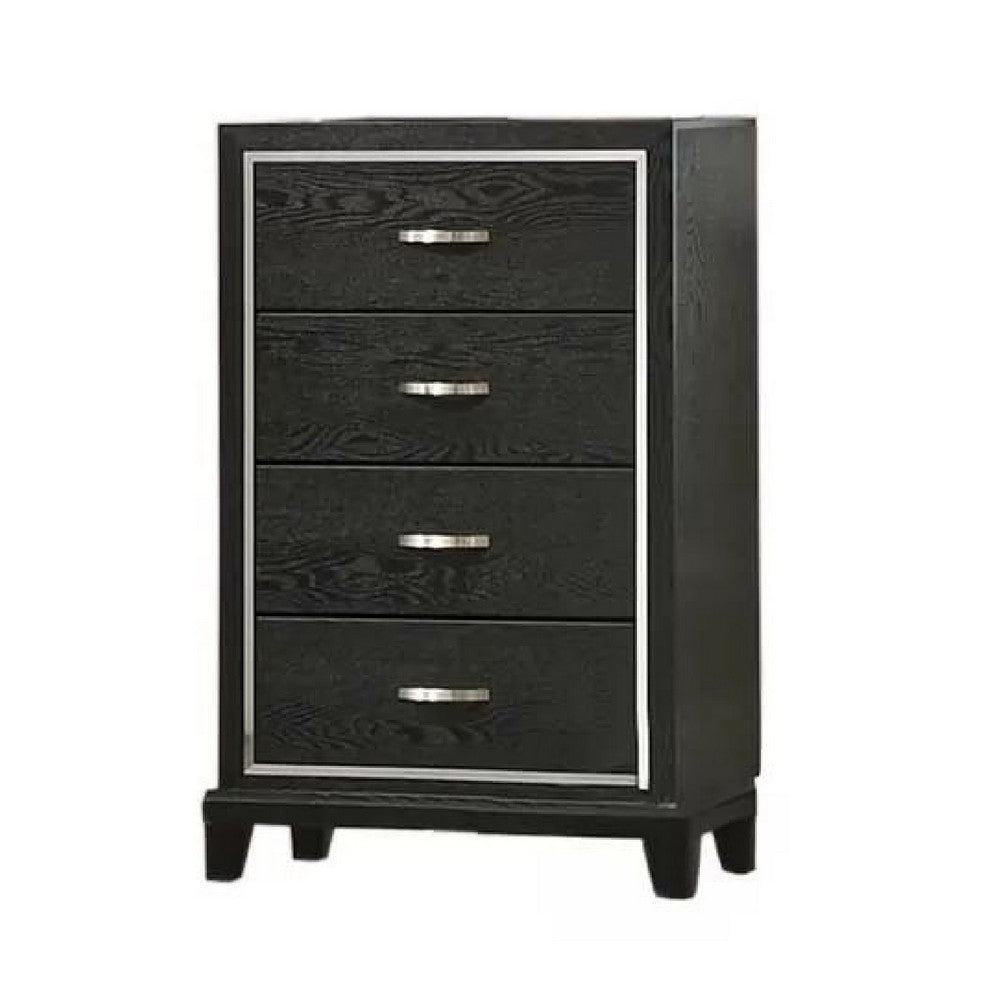 Benjara Lyla Tall Dresser Chest, Glam Silver Trim, 4 Drawer, Black Wood