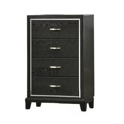 Benjara Lyla Tall Dresser Chest, Glam Silver Trim, 4 Drawer, Black Wood