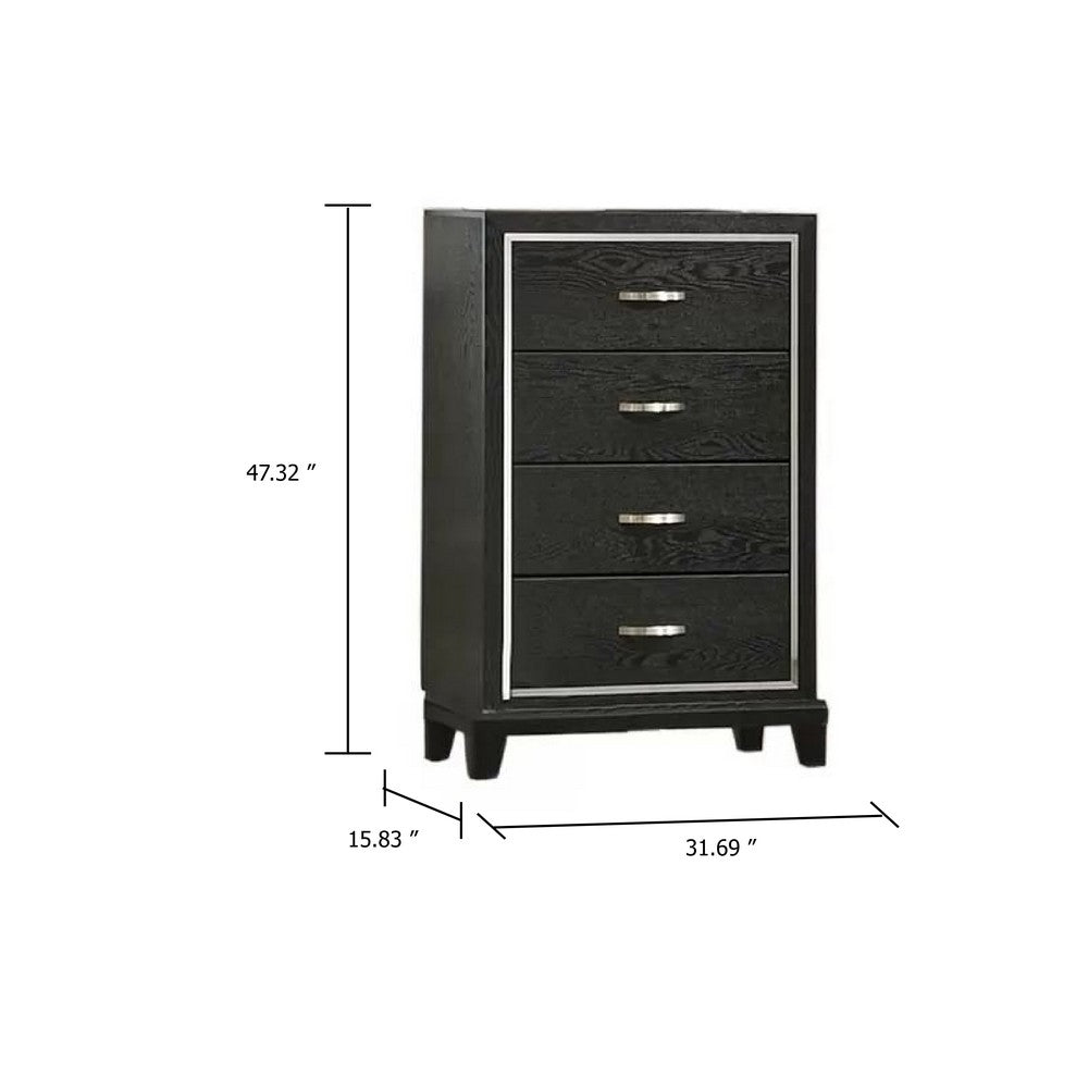 Benjara Lyla Tall Dresser Chest, Glam Silver Trim, 4 Drawer, Black Wood