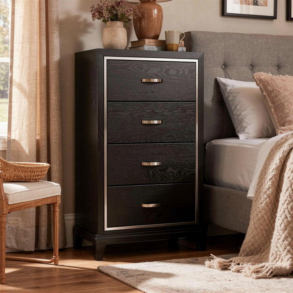 Benjara Lyla Tall Dresser Chest, Glam Silver Trim, 4 Drawer, Black Wood