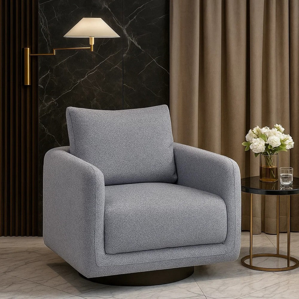 Benjara Wade Swivel Armchair with 360 Rotation And Square Frame, Gray Boucle
