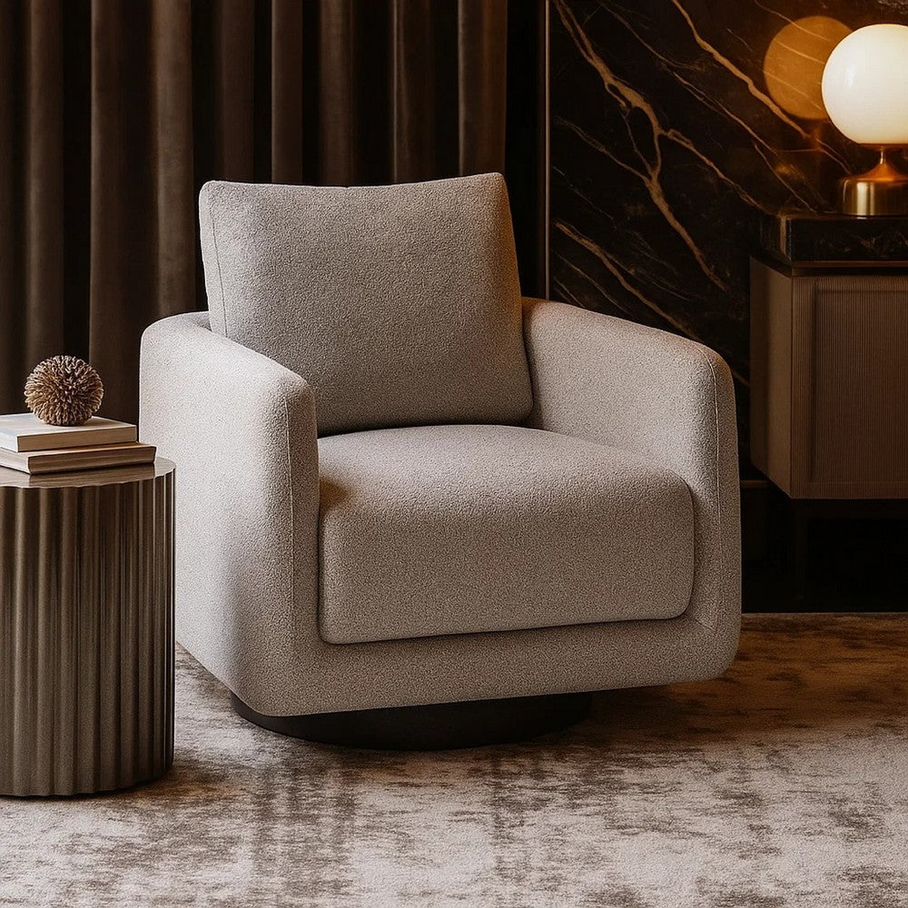 Benjara Wade Swivel Armchair with 360 Rotation, Square Frame, Beige Boucle