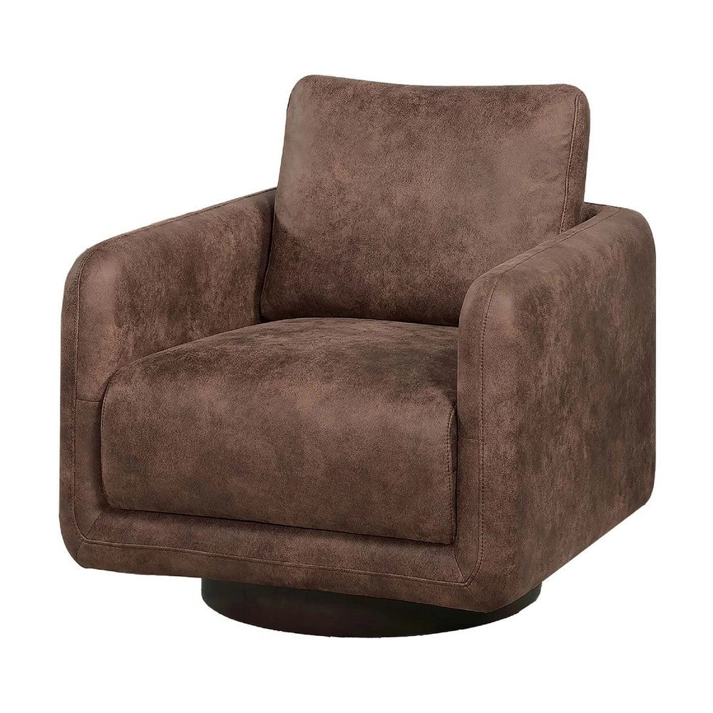 Benjara Wade Swivel Armchair, Square Frame, Walnut Brown Faux Leather