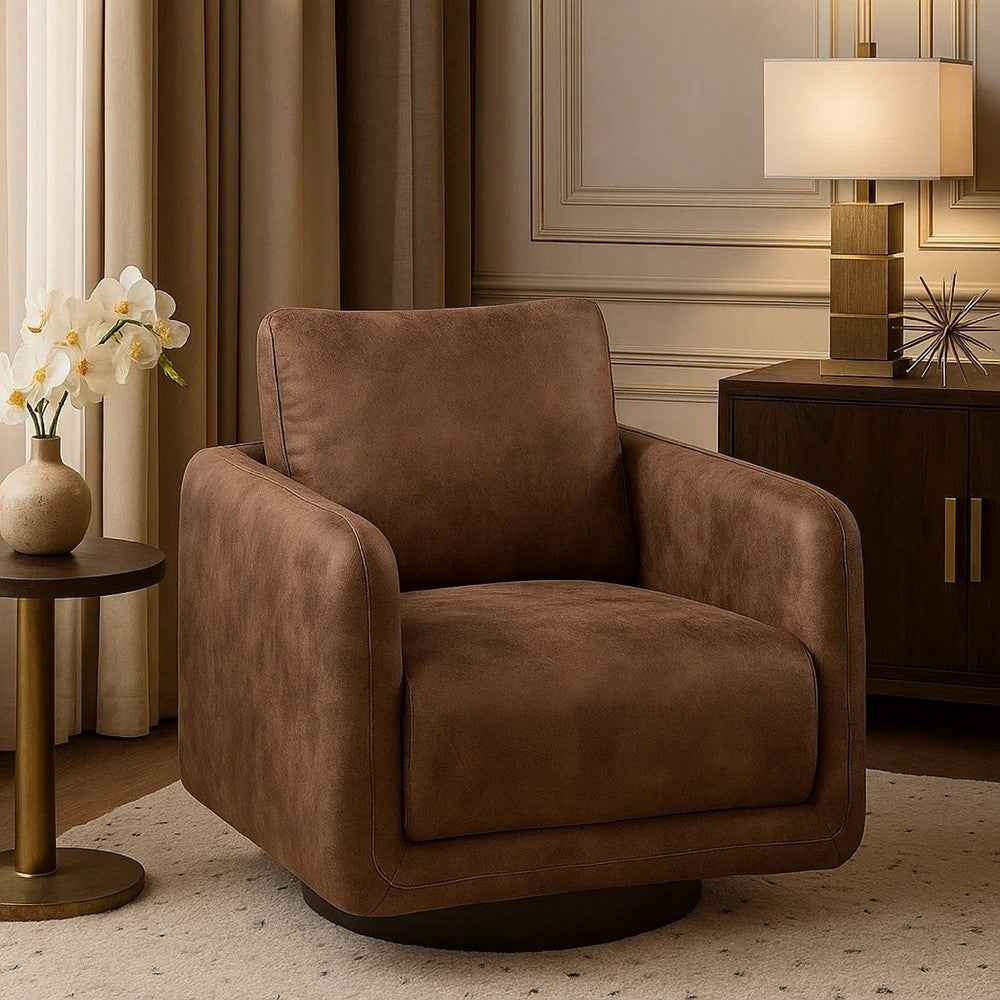 Benjara Wade Swivel Armchair, Square Frame, Walnut Brown Faux Leather