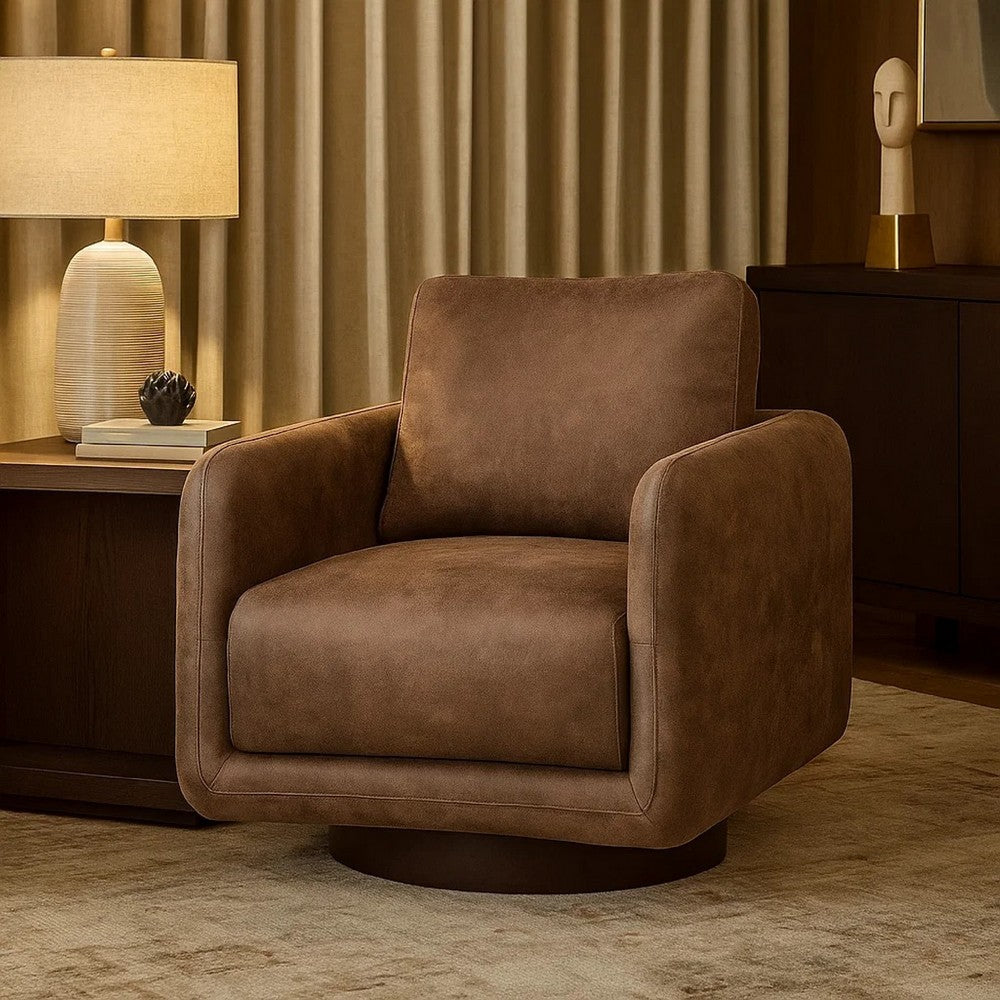 Benjara Wade Swivel Armchair, Square Frame, Walnut Brown Faux Leather