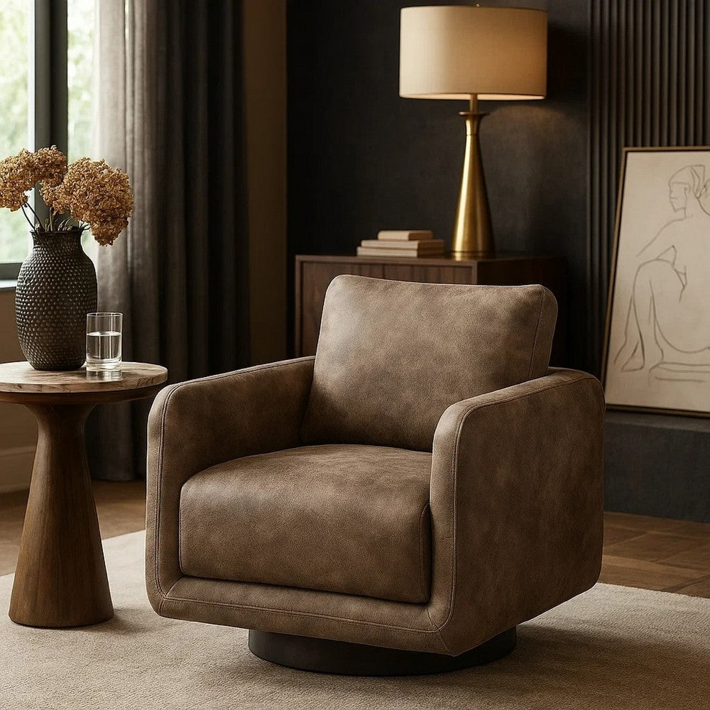 Benjara Wade Swivel Armchair, Square Frame, Auburn Red Faux Leather