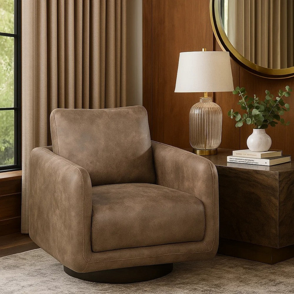 Benjara Wade Swivel Armchair, Square Frame, Auburn Red Faux Leather