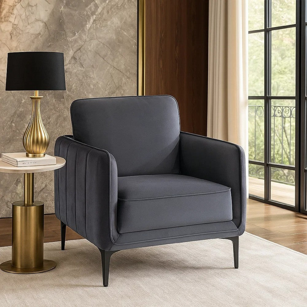 Benjara Reniz Accent Club Chair, Gray Velvet, Foam Cushions, Metal Legs